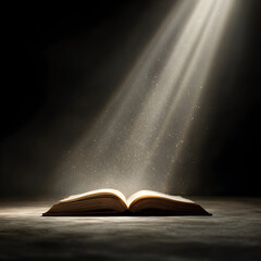 Open book illuminated by a single ray of light in a dark room, symbolizing knowledge, wisdom, and the power of learning in a dramatic and inspiring scene.