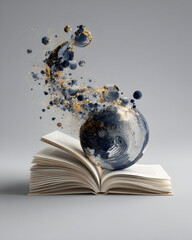 Abstract spheres emerge from open book against gray backdrop, representing knowledge, creativity, and imagination in a surreal and thoughtprovoking composition.