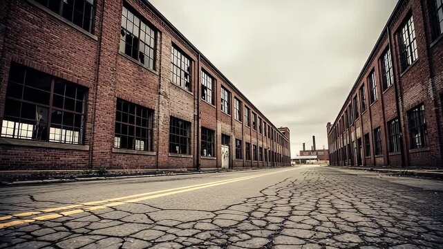 Dilapidated Red Brick Buildings with Broken Windows Lining a Cracked Asphalt Road Under an Overcast Sky in Urban Decay