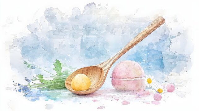 A warm natural wooden spoon resting on a serene watercolor background evoking a sense of culinary and flair