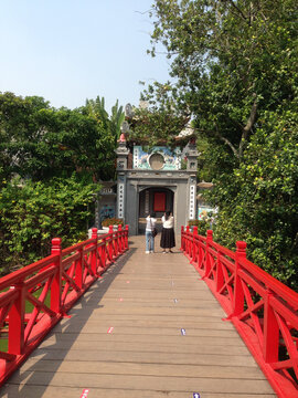 To enter the  Ngoc Son Temple, you need to cross&nbsp;The Huc Bridge. Built in 1865, this red bridge made of wood connects the bank with Ngoc Son Temple in the middle of Hoan Kiem Lake. Hanoi, Vietnam