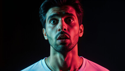 A young man displays a look of shock and surprise, illuminated by vibrant red and blue lighting in a dark studio environment during nighttime