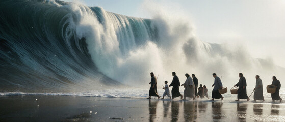 Obraz premium 거대한 파도 앞을 걷는 고대 군중의 성경 일러스트