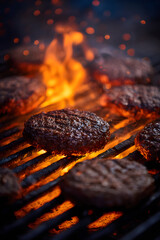 Juicy burger patties sizzling on a hot grill, close-up view.