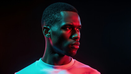 A young man stands against a dark background, illuminated by vivid blue and red lights that highlight his features and create a dramatic atmosphere, conveying deep emotion and thoughtfulness