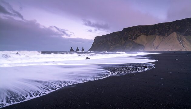 Dramatic seascape of a black sand beach with basalt columns and dramatic sky - Powered by Adobe