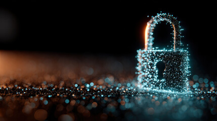 Glowing padlock sculpted from countless particles sits on a dark surface, creating a futuristic focal point that symbolizes security, protection, and digital trust.