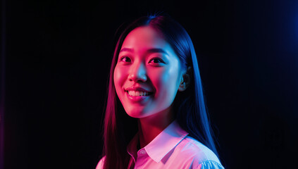 A woman with long hair smiles brightly under colorful studio lighting. Her outfit is simple, emphasizing her joyful expression against a dark background, capturing a moment of happiness
