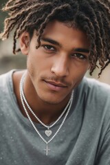 Fototapeta premium A young man with dreadlocks wearing a silver cross necklace