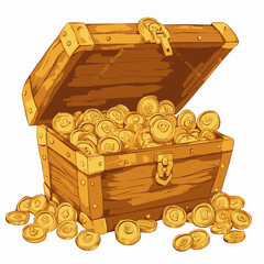 A classic wooden treasure chest overflowing with shiny gold coins, representing wealth, fortune, and successful discovery on a white background