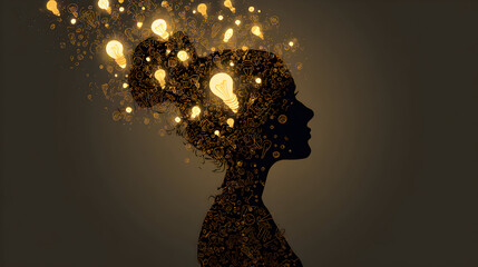Woman's silhouette glows with lightbulb ideas in dark space, representing creativity and innovation with a hopeful and inspiring mood.