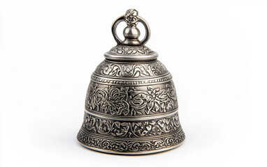 Intricately Engraved Silver Decorative Bell Isolated On White Background.