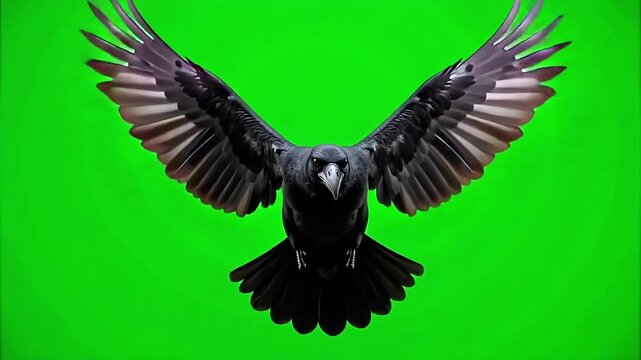 Majestic crow soaring on green screen, wings spread wide, offering a striking and adaptable visual for various creative projects and special effects