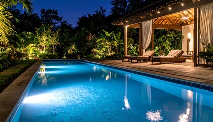 Serene night view of a blue-tiled pool reflecting lights, surrounded by lush greenery. A covered patio features lounge chairs, evoking a tranquil, tropical villa atmosphere