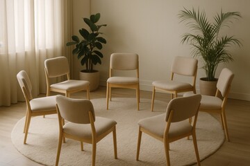 Fototapeta premium Circle of empty chairs in a warm therapist office bathed in soft light inviting safe group therapy conversations reflection and healing