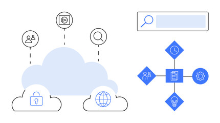 Cloud with user, security, and network icons search bar interconnected nodes with gear, clock, and document. Ideal for technology, cloud storage, innovation, security connectivity data management