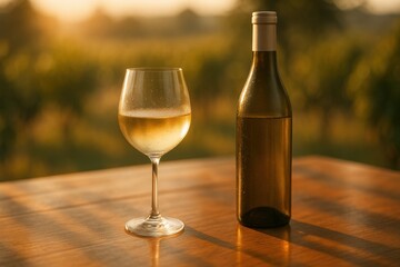 Elegant red and white wine glasses beside ripe grape clusters on a rustic table with blurred vineyard bokeh evoking tasting room ambience