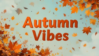 Autumn Vibes Text Surrounded by Falling Leaves on Light Blue Background