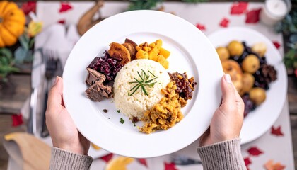 First-person view of hands holding a plate with a festive Thanksgiving or Christmas holiday dinner over a decorated table