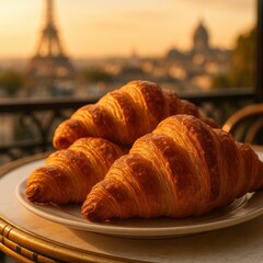 Buttery croissants on a charming cafe table with Eiffel Tower softly blurred behind, romantic Parisian morning atmosphere evokes travel cravings and culinary delight