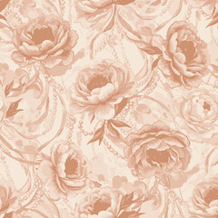 Ethereal Rose Pattern A Seamless Vintage Floral Design with Delicate Pearls and Swirls