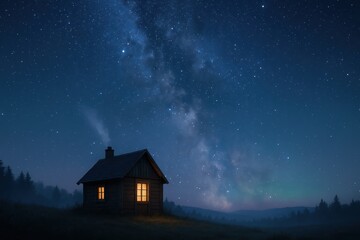 Lonely cabin glowing warmly on an open field beneath a vast starry sky with gentle aurora hints and painterly clouds creating a dreamy fantasy landscape perfect for book covers and cozy travel stories