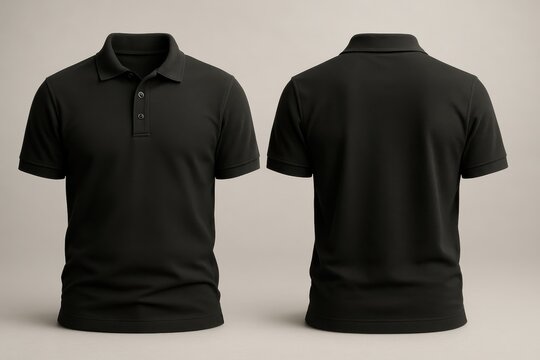 High end black polo shirt mockup with lifelike fabric drape showing pristine front and back views on clean studio background ideal for branding presentations and ecommerce visuals