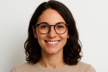 Obraz premium Confident woman with glasses smiling in a clean white studio portrait crisp minimal style authentic expression and natural light perfect for professional profiles branding and editorial features