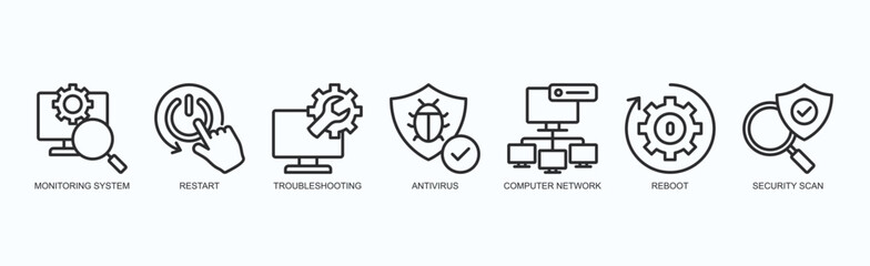 System Pulse Icon Set Isolated Vector With Icon Of Monitoring System, Restart, Troubleshooting, Antivirus, Computer Network, Reboot, Security Scan In Outline Style