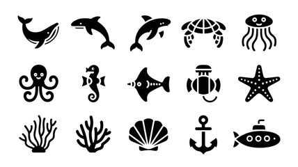 Fototapeta premium Collection of cute sea animals and marine objects icons