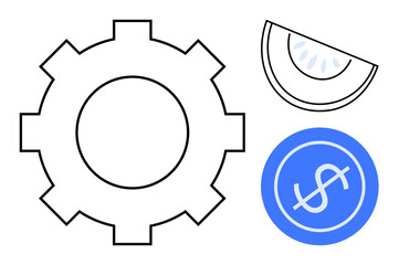 Gear symbolizing work, watermelon slice for freshness, and dollar coin representing wealth. Ideal for innovation, efficiency, agriculture, savings, financial growth, productivity and healthy