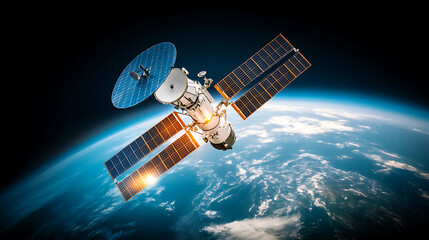 Satellite Orbiting Earth with Solar Panels and Antenna