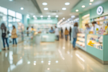 Bright pharmacy interior with product shelves, blurred customers shopping, and pharmacists assisting in modern healthcare retail space