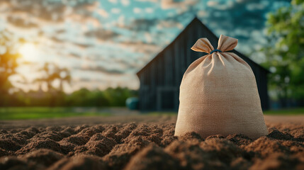 A burlap sack sits on freshly tilled soil in the foreground, while a rustic barn and warm sunset glow create a tranquil farm scene.