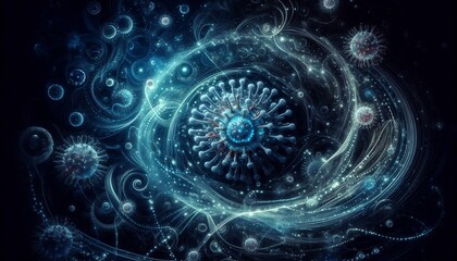 Fototapeta premium A surreal blend of viruses and bacteria swirling in abstract patterns with glowing trails and sci-fi bio-structures under deep blue lighting 
