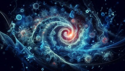 Obraz premium A surreal blend of viruses and bacteria swirling in abstract patterns with glowing trails and sci-fi bio-structures under deep blue lighting 