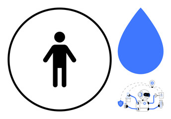 Minimalist human figure in a circle, blue water drop, futuristic robot with tools. Ideal for sustainability, water conservation, tech innovation, automation, environmental care, robotics human