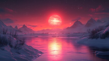 Red sun snowy dusk water illustration