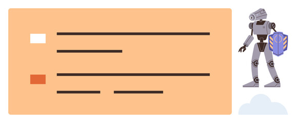 Robot holding shield stands beside a minimalistic data list, emphasizing cybersecurity, AI protection, automation, and online safety. Ideal for technology, data privacy, automation, digital