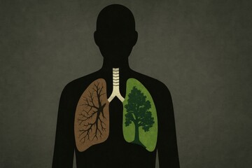 Silhouette revealing lungs with contrasting dead and living trees, symbolizing respiratory health and environmental pollution's devastating effects on human breathing