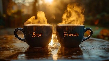 Steaming mugs best friends bright wallpaper