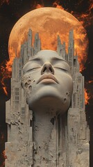 Stone face city moon surreal illustration