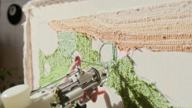 Close up shot of rug tufting gun punching thread through canvas with unrecognizable woman creating handmade rug, scene lit by sunlight, copy space