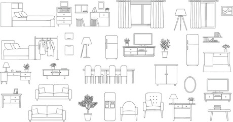 Minimal outline illustration of people in everyday activities, including sitting, reading, working, sleeping, relaxing, sketching, using devices, casual lifestyle, modern, home, and office.