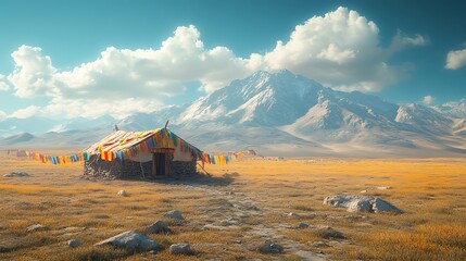 Tibetan hut flags mountain serenity illustration