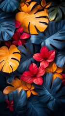 Tropical leaves flowers color closeup images