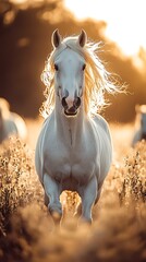 White horse golden sunlight gallop pictures