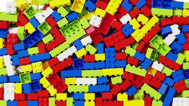 Falling colorful toy building bricks animation, seamless loop, white backrgound