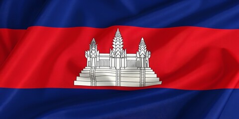 The national flag of cambodia flutters in the wind with a temple design