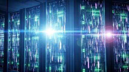 Data center servers with glowing digital information streams and lens flares, representing data processing and storage. - Powered by Adobe
